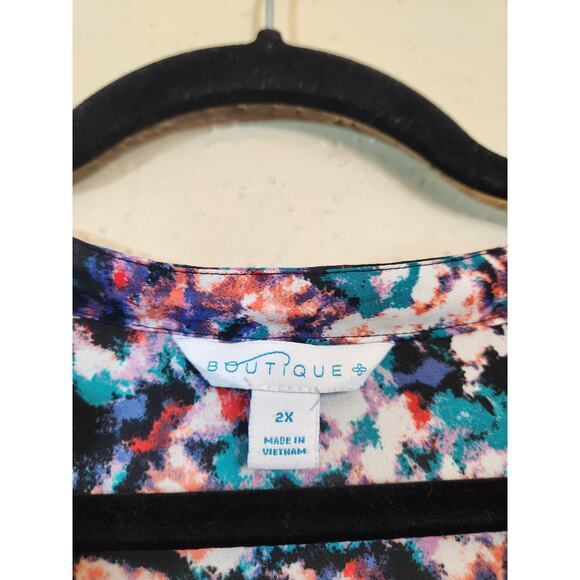 Boutique Women's Multicolor Printed Puff‎ Sleeve High Low V-Neck Blouse Size 2X - Picture 3 of 6